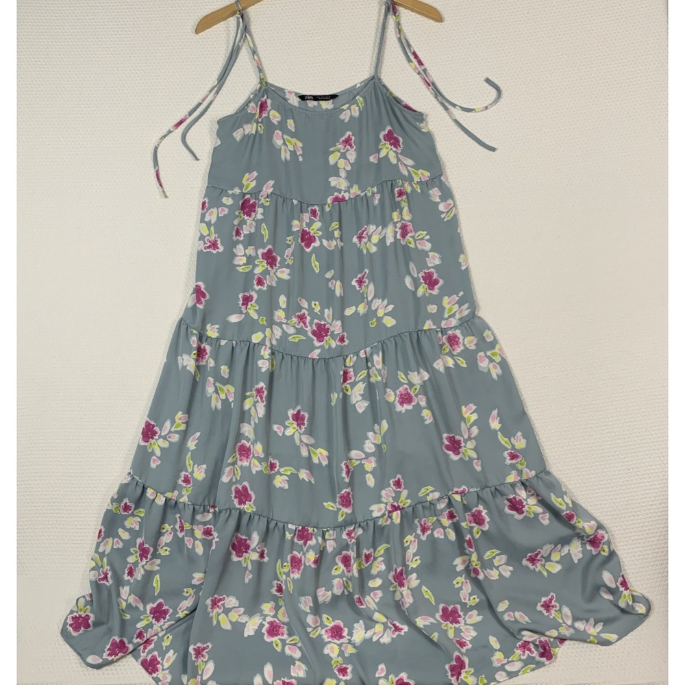 Zara Floral Satin Maxi Dress Womens Large L Blue Gray Sleeveless Shift